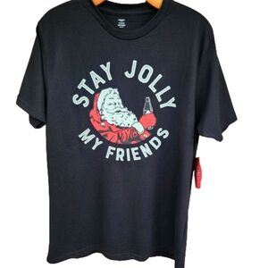 Mens M Holiday Time Black Retro Christmas Santa Claus Novelty T-Shirt